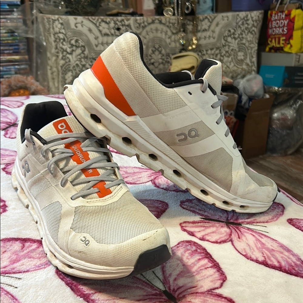 On Running White and Gray Shoes with Orange Highlights - Picture 2 of 4